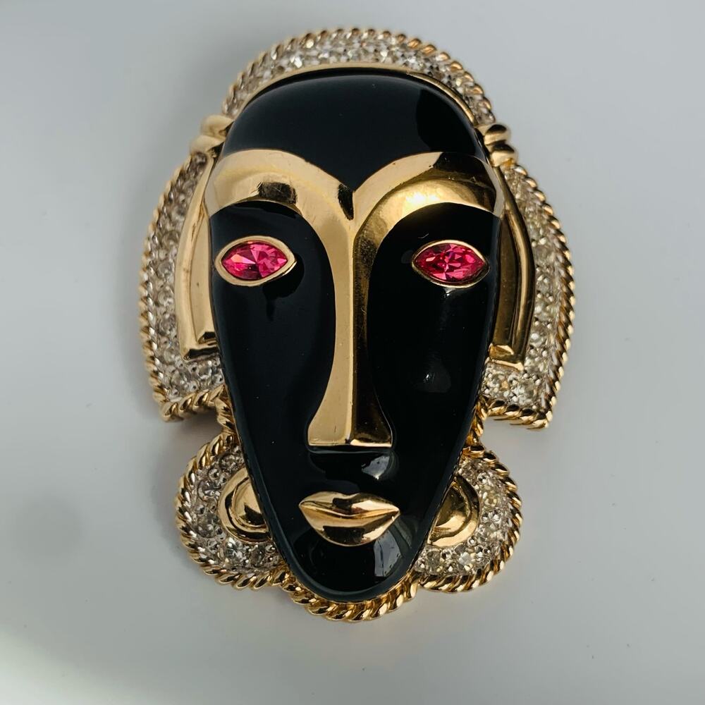 Vintage PANETTA Black Enamel Face Mask Rhinestones Pink Eyes Pendant Brooch